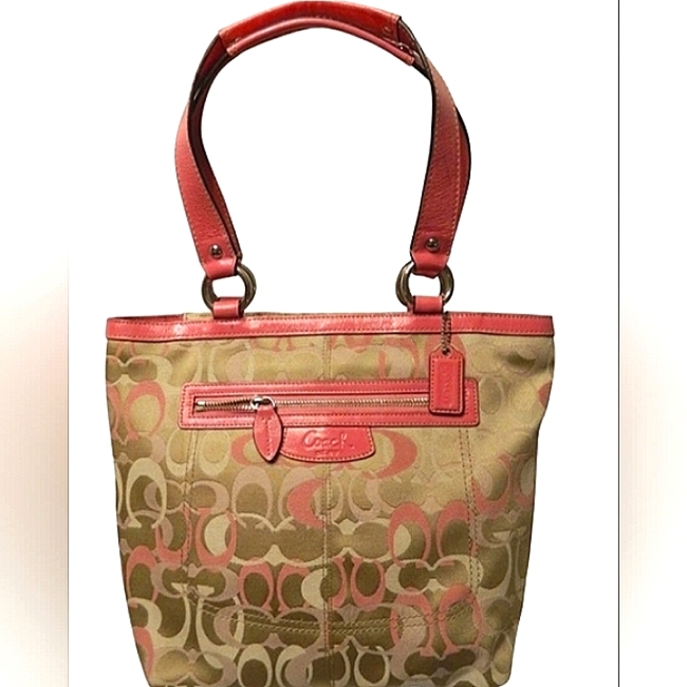 L@@K! Beautiful COACH "Penelope" Pink/Multi Signature Optic Zip Top Tote~Rare~